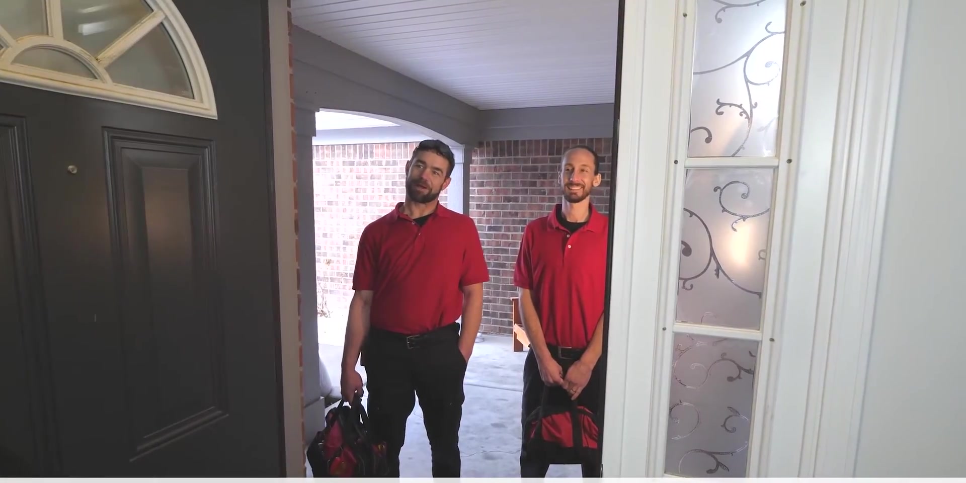 At Home Flooring crew at a customer's front door, ready for the in-home estimate
